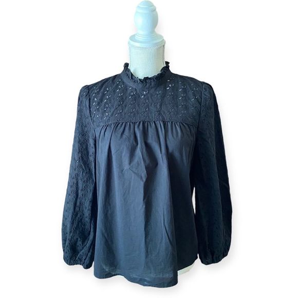Madewell Pieced Eyelet Mockneck Ruffle Blouse Size M - Picture 1 of 11